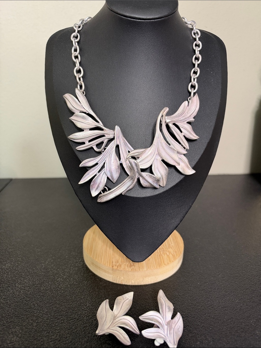 Silver Leaf Statement Necklace and Clip On Earrings Set